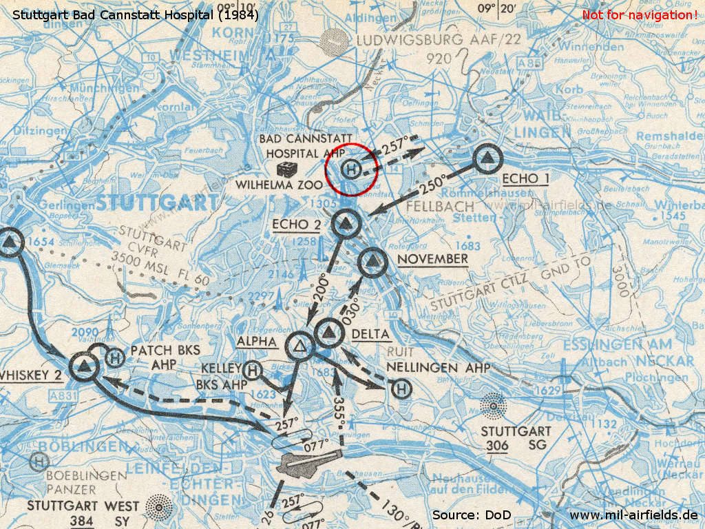 Map with visual approach to the Stuttgart Bad Cannstatt (Germany) military hospital 1984