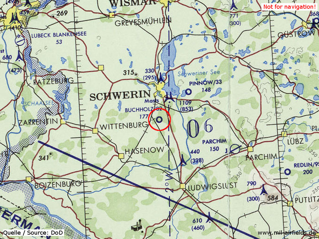 Karte mit Flugplatz Buchholz Boldela bei Schwerin