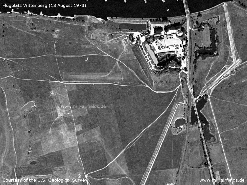 Aerial view Wittenberg airfield, Elbe Germany 1973