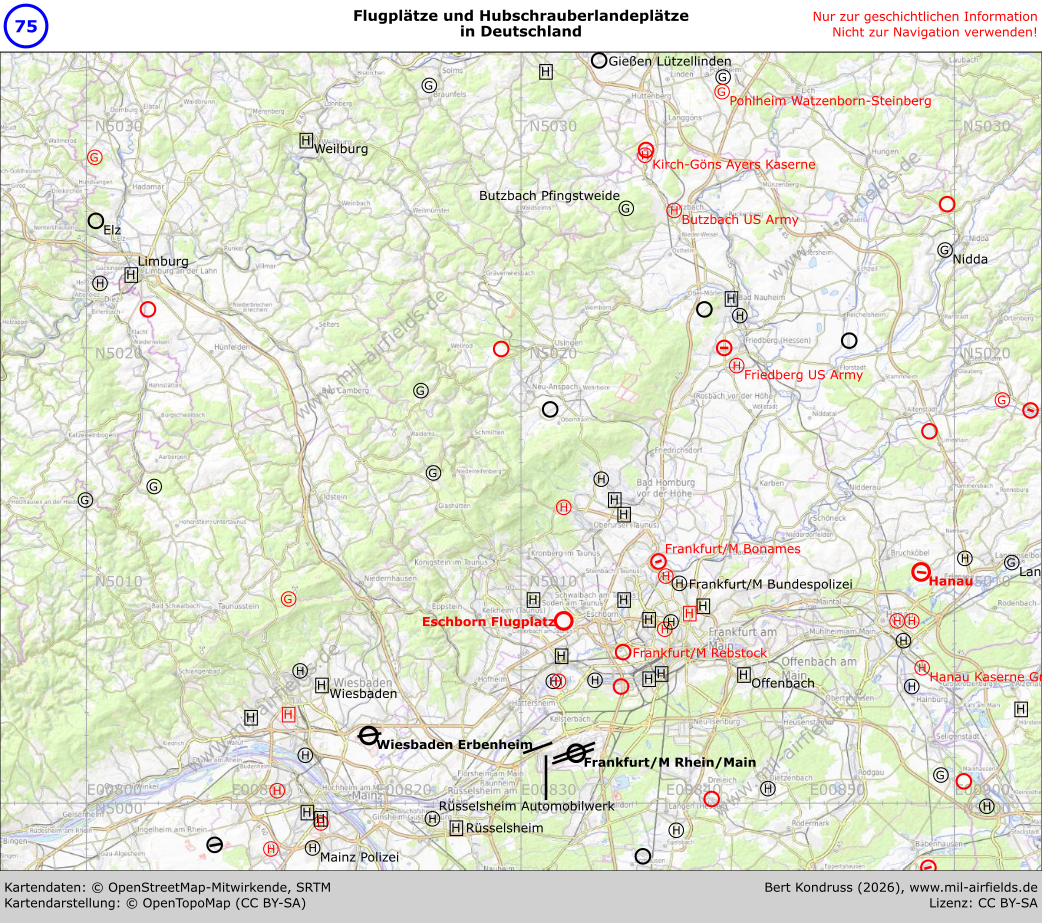 Karte der Flugplätze in Hessen im Frankfurt-Rhein-Main-Gebiet und im Taunus.