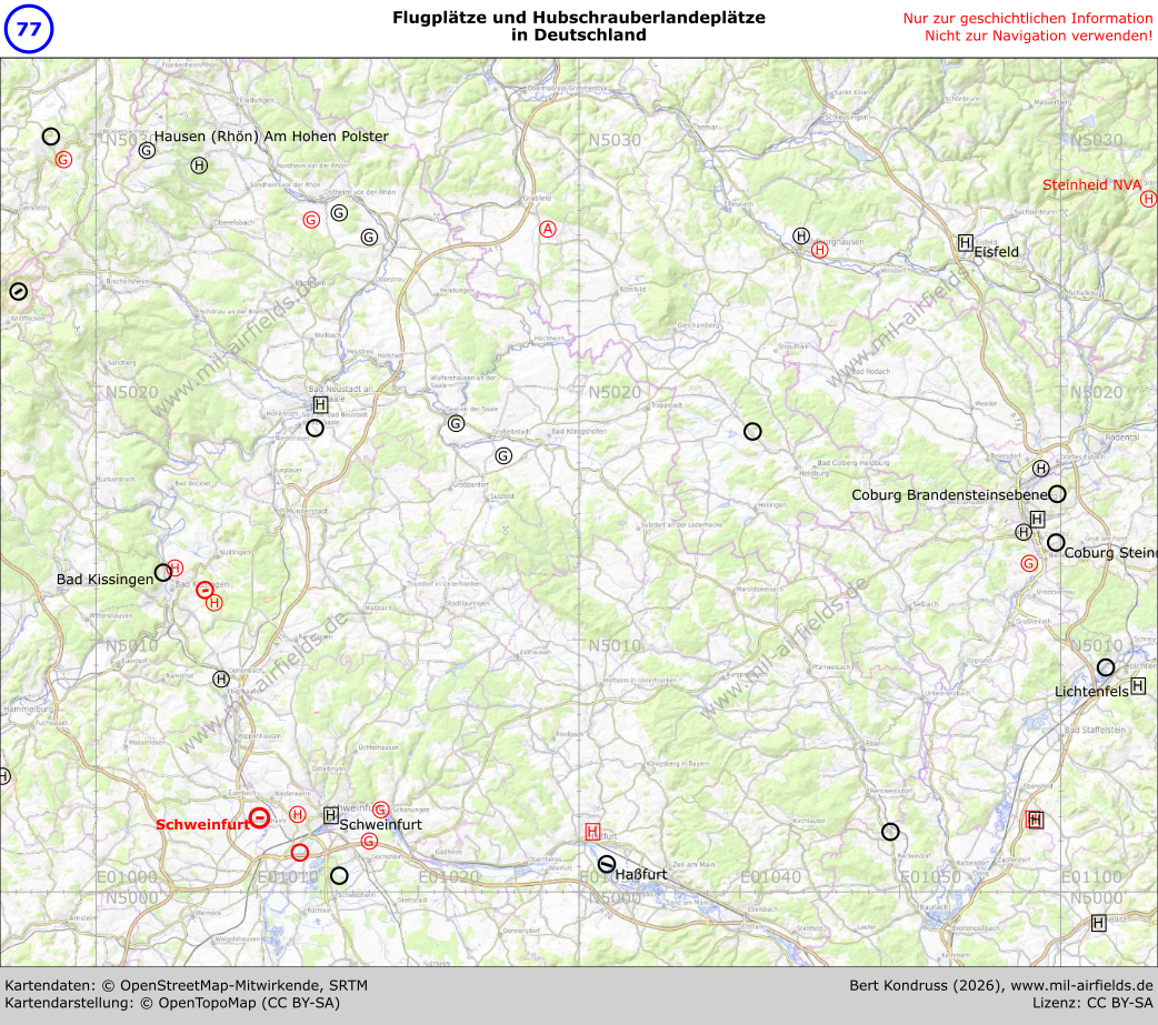 Karte der Flugplätze in Bayern im Gebiet Unterfranken