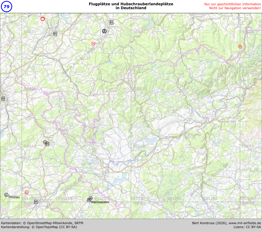 Karte der Flugplätze in Bayern und Sachsen im Gebiet Oberfranken, Vogtland und Erzgebirge