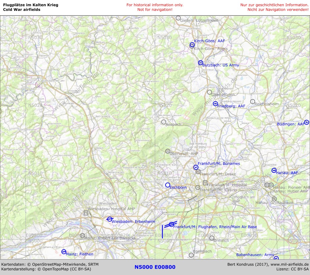 Map of airfields in Hessen (Hesse), Germany, in the Frankfurt Rhein-Main and Taunus area.