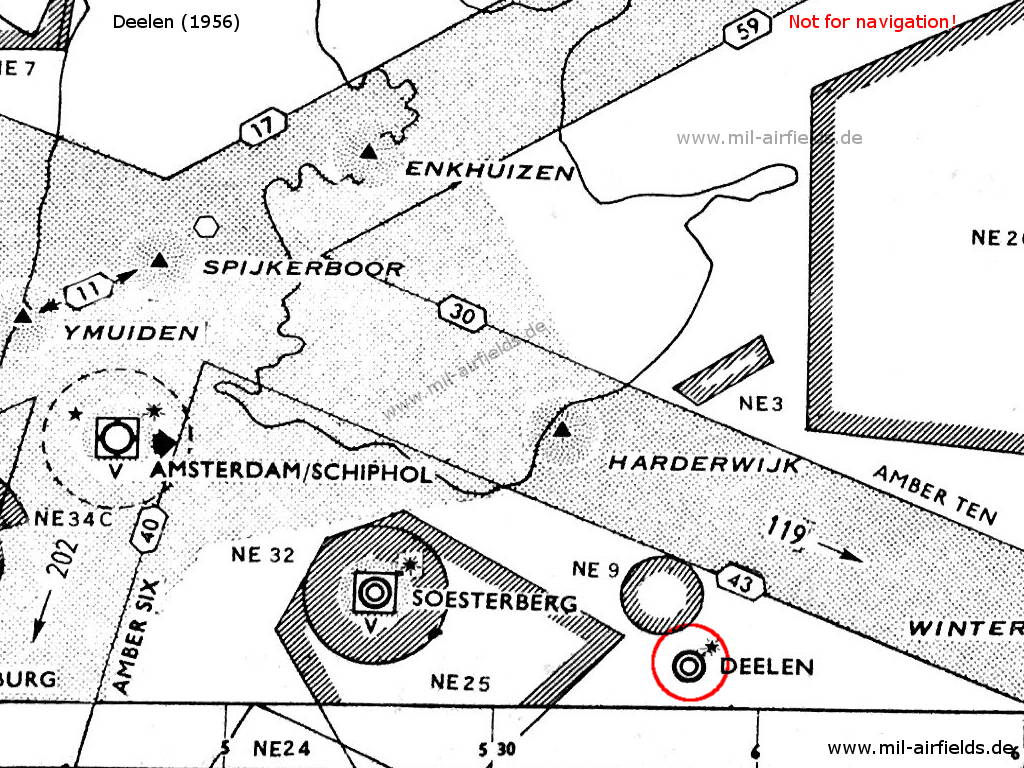Flugplatz Leeuwarden und umliegende Luftstraßen und Sperrgebiete auf einer Karte 1956