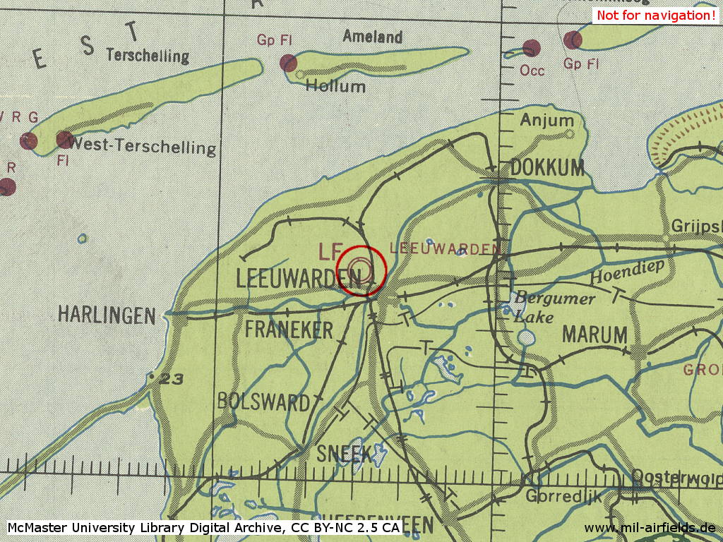 Leeuwarden Air Base, Netherlands, on a map 1943