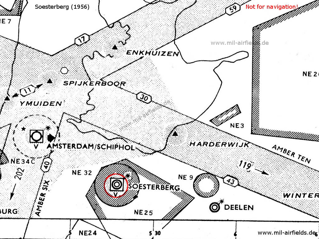 Soesterberg airfield, airways and restricted areas on a map 1956