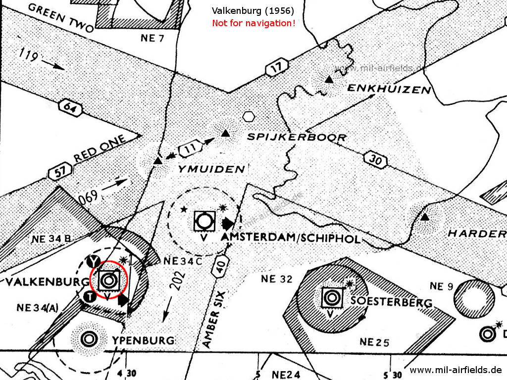 Valkenburg mit umliegenden Luftstraßen und Sperrgebieten 1956