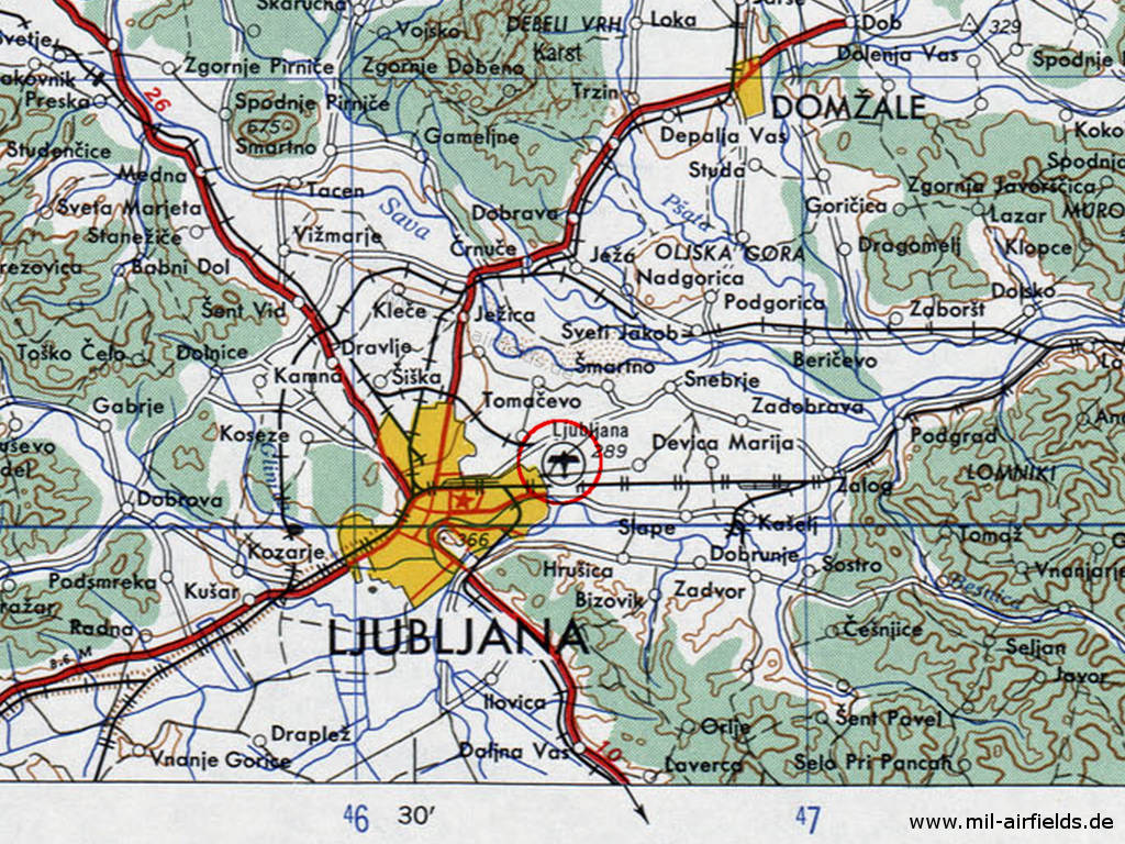 Ljubljana Polje Airfield, Slovenia on a US map 1959