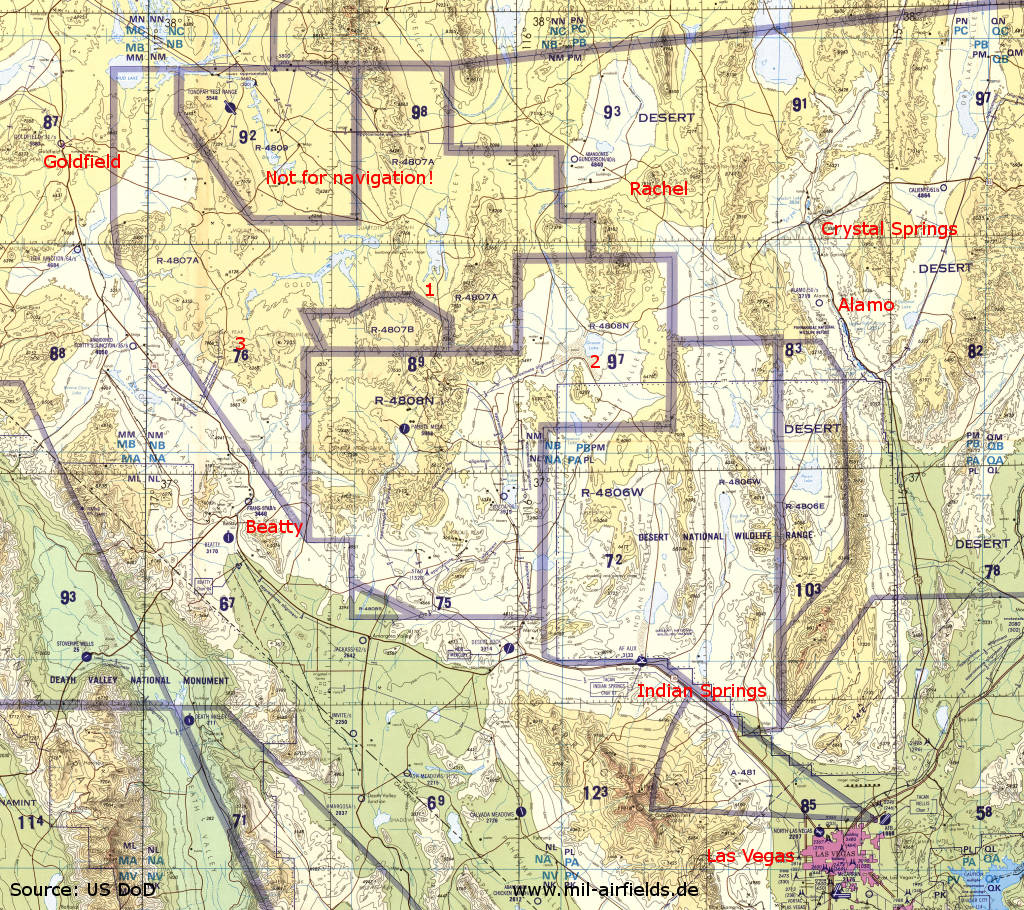 Karte der Nevada Test and Training Range nördlich Las Vegas, 1993